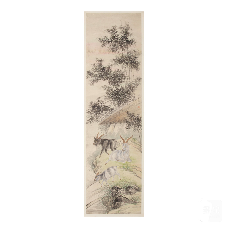 （款）程璋 山羊與竹 淺絳水墨紙本 立軸 | AFTER CHENG ZHANG